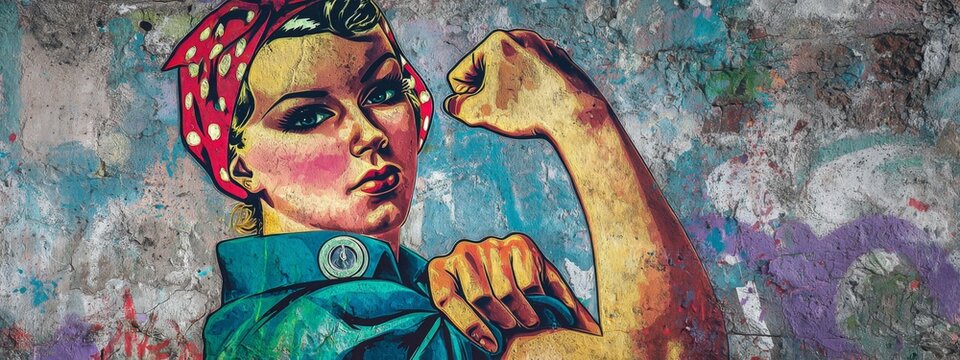 Empowering Female Figure in Street Art Graffiti Showcasing Strength and Resilience on Urban Wall