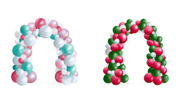 Realistic balloons arch. Colorful balloon entrance arc gate, store opening event decoration birthday party or wedding celebration christmas festive gates, exact vector illustration