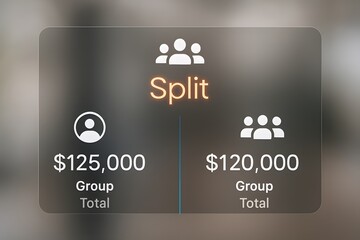 Digital Expense Splitting Interface with Group Totals and "Split" Functionality on a Receipt Background, Financial Management.