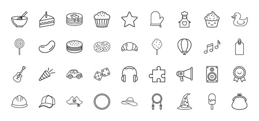 Everyday object line icon set. Vector pictograms of cake slice, cupcake, car, guitar, headphones, hard hat, dice, and oven mitt, thin linear illustration.