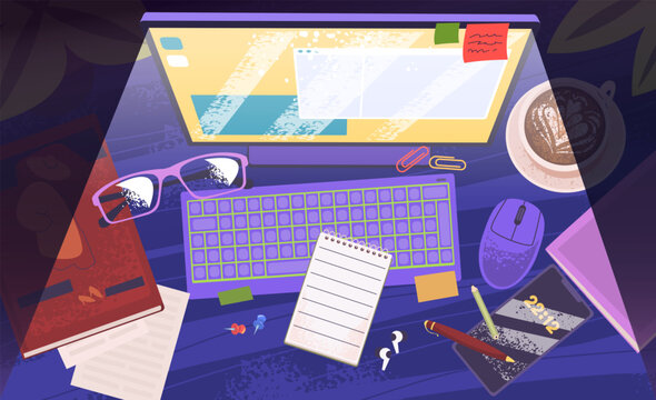 Night workplace top view. Clutter computer desk, messy work study table in dark home office room interior screen monitor light phone paper work, cartoon classy vector illustration