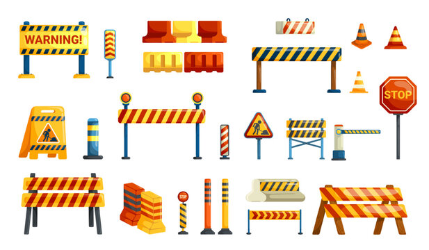 Traffic road barricade. Cartoon barriers roadblock construction work sign, highway repair safety barricades block roadwork cones warning obstacle fence, kicky vector illustration