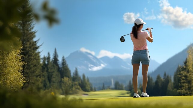 A woman golfer, poised and ready to take a shot with a titanium driver, surrounded by a scenic golf course, with towering trees and a mountain range in the distance