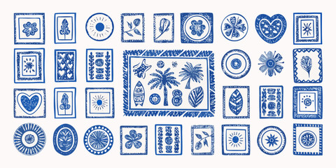 Collection of hand drawn blue botanical floral heart and tropical elements in square and round frames