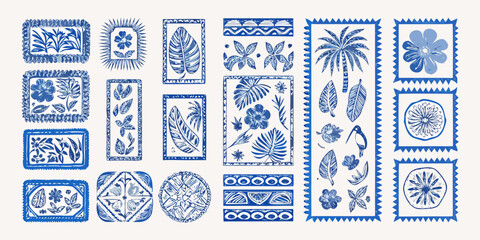 Collection of blue tropical floral and leaf motifs in decorative frames and borders © Polash
