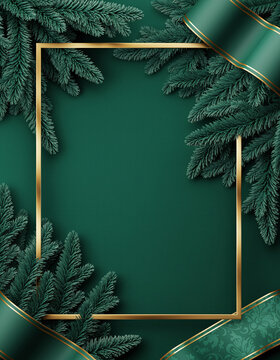 Luxury green and gold background with pine leaves and ribbon frame
