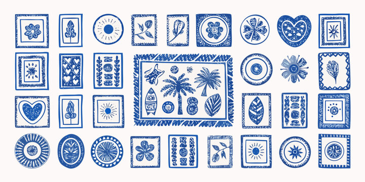 Collection of hand drawn blue botanical floral heart and tropical elements in square and round frames