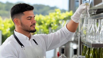 A winemaker in a lab coat, adjusting the settings on a high-tech wine bottling machine, surrounded by rows of sparkling wine bottles on a polished conveyor system