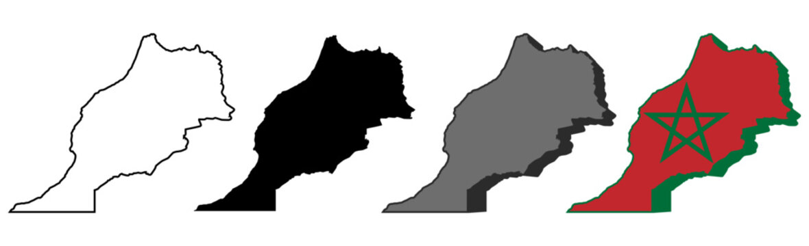 set vector Morocco flag in map icon. Detailed Morocco map silhouette. 3D isometric Morocco map symbol design template illustration