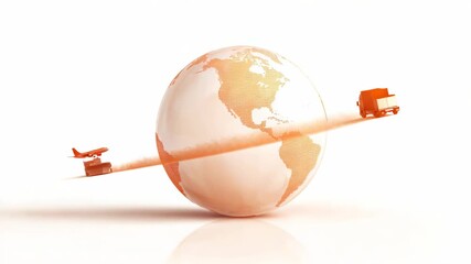 Orange monochrome icons of a truck, airplane and cargo ship orbiting a stylized globe, representing international shipping, freight transport and global trade on white background - Powered by Adobe