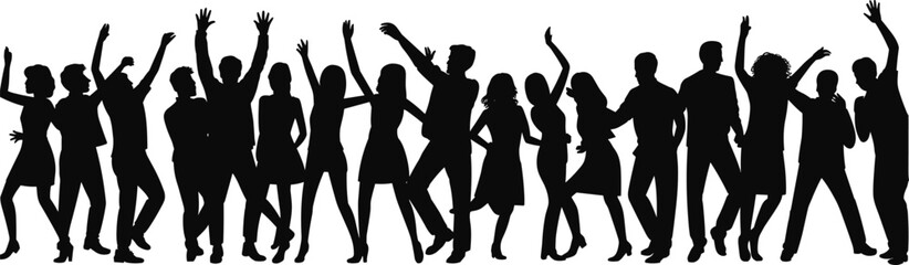 silhouette, people, dancing, celebration, group, joy, movement, pose, energy, unity, party, black, outline, festive, crowd, dynamic, happy, social, interaction, diversity