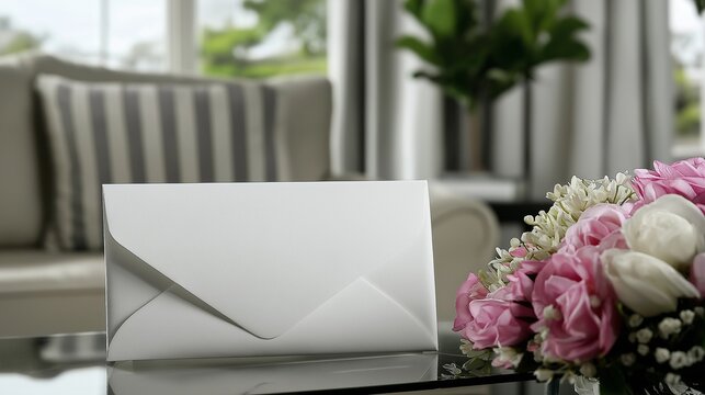 A white envelope placed on a clean, modern glass table, with a soft focus background of a contemporary living room filled with minimalistic furniture