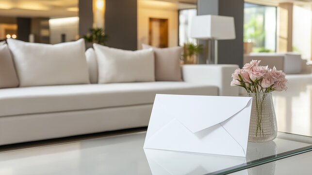A white envelope placed on a clean, modern glass table, with a soft focus background of a contemporary living room filled with minimalistic furniture