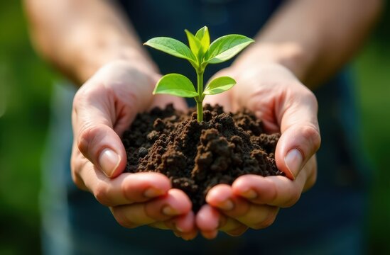 Image of hands holding earth with plant. Earth Day. High quality photo