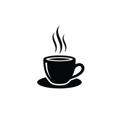 Black coffee cup with steam on saucer white