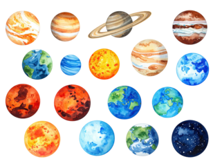 Watercolor illustrations of solar system celestial bodies set against a black backdrop