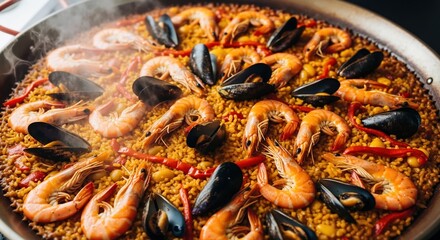 A close-up of a traditional Spanish seafood paella with shrimp and mussels. Hot steaming dish cooking in a large pan. Gourmet Mediterranean cuisine