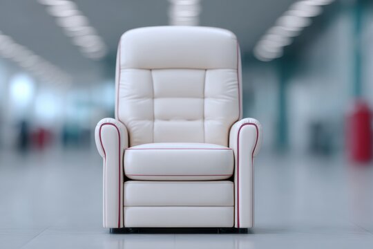 A comfortable armchair in a modern clinic with a blood donation setup, warm lighting.
