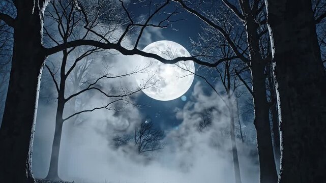 Mystical Moonlight Silhouette of Bare Trees and Fog in Forest Landscape Under a Dark Blue Sky creating Serene Night Scene with Tranquil Atmosphere