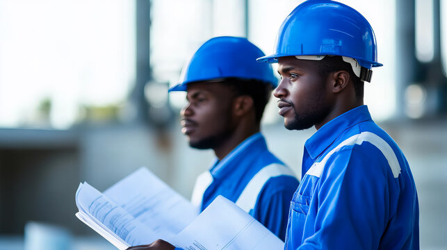 Focused construction team reviewing blueprints, project control and teamwork for Africa Industrialization Day