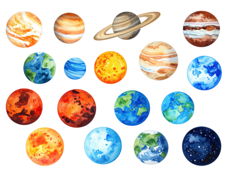 Watercolor illustrations of solar system celestial bodies set against a black backdrop