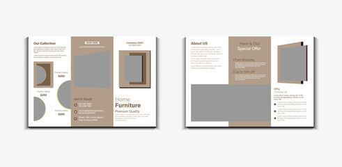 Modern home furniture and decor trifold brochure template showcasing stylish interior design collections, special offers, and company information for business promotion.