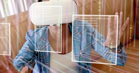 Woman sitting on tan couch with VR headset, reaching, initiating tech UI, swiping and selecting - Powered by Adobe