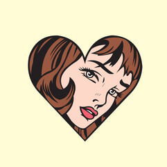 Vector image design of a costume in the shape of love and there is a face of a woman who is so beautiful, very cool and suitable to be used as an image on a t-shirt