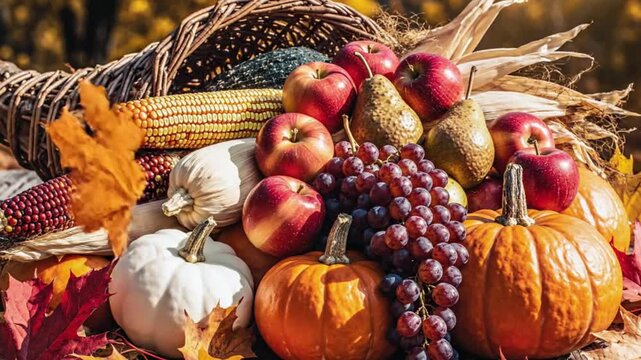 This vibrant close-up captures a rich autumnal harvest display, featuring an overflowing cornucopia brimming with a colorful assortment of fresh, seasonal produce. Bright orange and creamy white pumpk