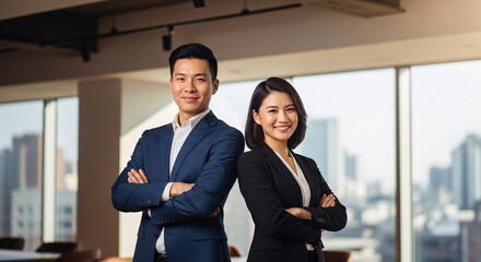 Dynamic Duo Asian Professionals Empowering Business Solutions Strategically Posed Near Window with City Skyline in Background Embracing Collaboration and Innovation Success