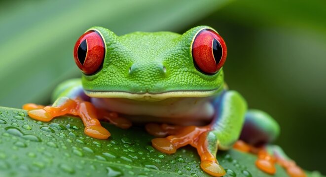 A vibrant red-eyed tree frog in a close-up portrait. Colorful amphibian sitting on a wet green leaf in the rainforest. Macro wildlife photography of an exotic animal - Powered by Adobe