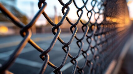 Fototapeta premium Close-Up of a Chain Link Fence with Shallow Depth of Field Highlighting Texture and Pattern During Sunset Glow