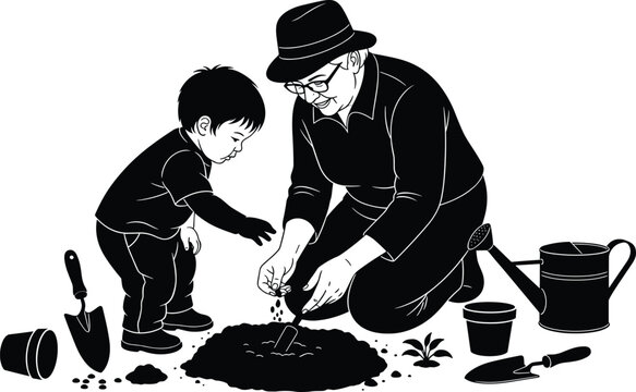Flat vector silhouette of older adult and child gardening together, planting seedling, nature care, family bonding, outdoor activity, black and white - Powered by Adobe