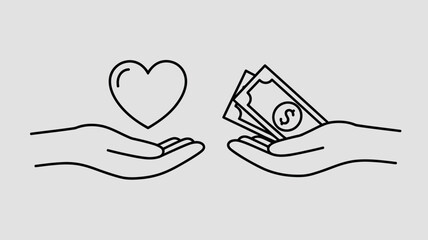 Hands exchanging a heart symbol for money in a simple line art illustration