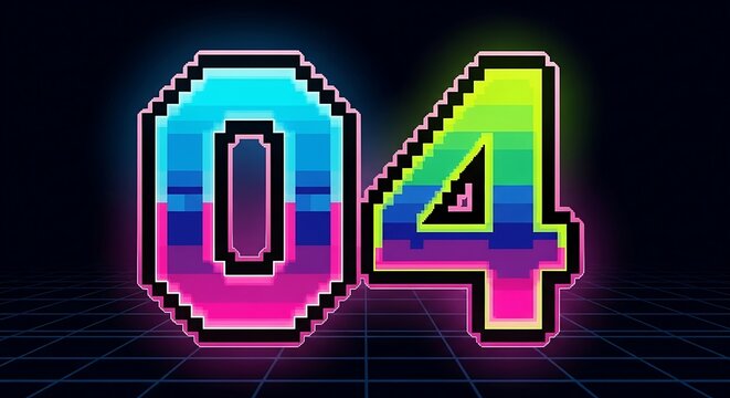 Vibrant Pixel Art Number 04 with Retro Neon Colors on Grid Background: Countdown, Gaming, Retrowave, and 8-Bit Scoreboard Typography - Powered by Adobe