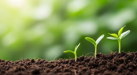 Fototapeta premium Three young green seedlings growing in rich dark soil with soft green foliage background