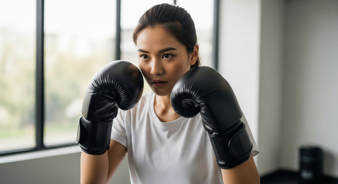 Asian woman practicing shadow boxing in gym