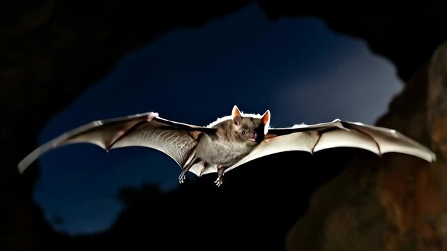Nocturnal bat emerging from cave in flight under moonlit sky