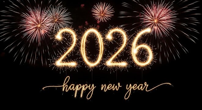 Happy new year 2026 with golden sparklers and fireworks on black background