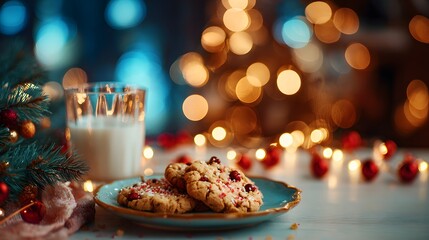 holiday table with cookies milk and candlelight, warm festive mood 
