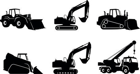 Construction vehicles silhouette set. excavators, bulldozers, wheel loader, skid steer, mobile crane vectors © Parvin_2026
