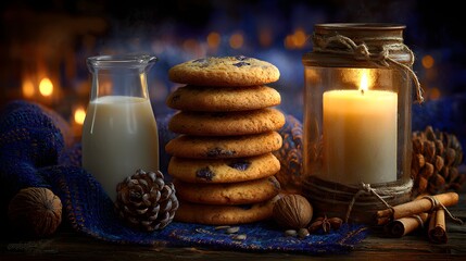 holiday table with cookies milk and candlelight, warm festive mood 