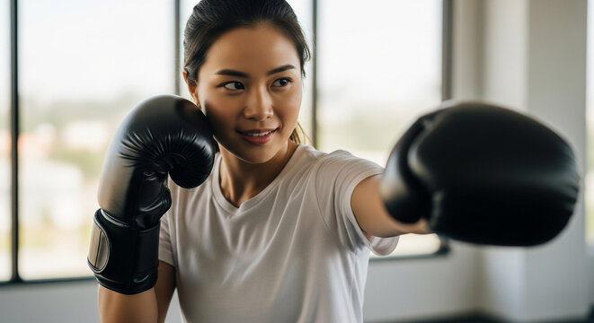 Asian woman practicing shadow boxing in gym - Powered by Adobe