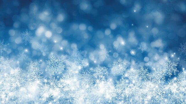 Commercial high-resolution photo of abstract blue winter background with snowflakes and bokeh lights.