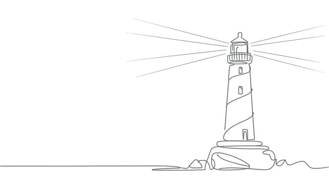 Minimalist single line drawing of a lighthouse emitting light beams