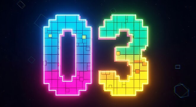 Eye-Catching Pixel Block Number 03 with Bright Neon Outline on Black: Retro Gaming Scoreboard, Countdown Timer, and 8-Bit Design