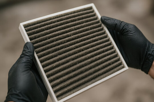 Dirty Air Filter Inspection: Close-up of gloved hands holding a dusty air filter, highlighting the importance of clean air and vehicle maintenance.