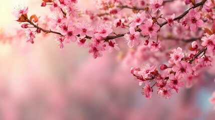 Fototapeta premium Commercial high-resolution photo of delicate pink cherry blossoms bloom on a tree branch in soft sunlight.