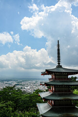 japanese temple in the morning, view on mount fuji
