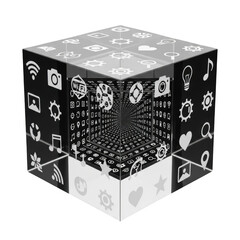 Glass Cube with Digital Icons and Infinite Reflection graphic design